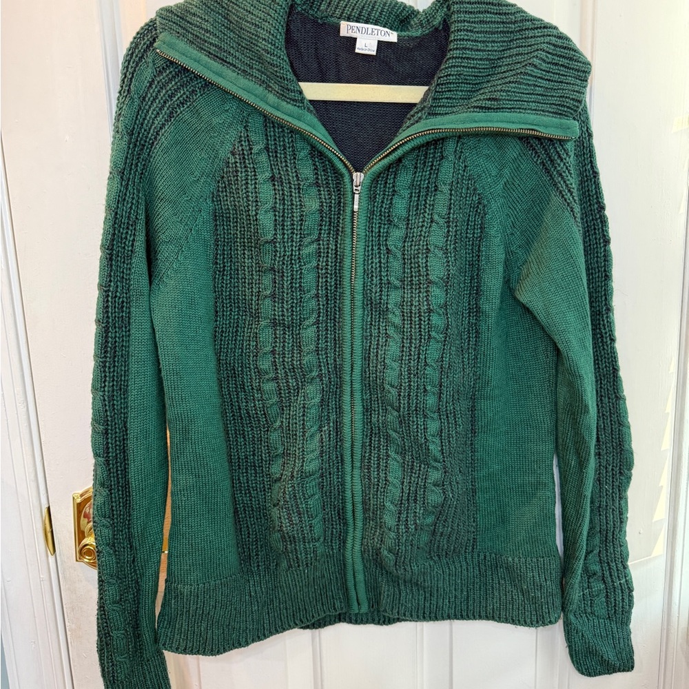 Pendleton 100% Merino Wool Green Cable Knit Zip Sweater